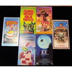 Vintage 6 VHS Movie Lot: ET, TMNT, Jumanji, Roger Rabbit, Grinch, Indiana Jones